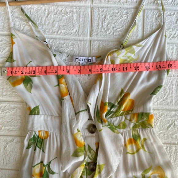 White Lemon Print Tie Front Noodle Strap A-line Mini Dress - Picture 10 of 16